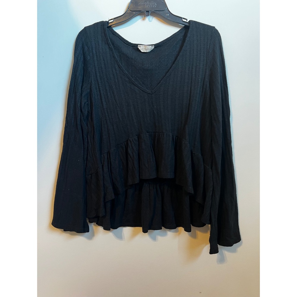 Altard State Black Ribbed V Neck Peplum Bell Long Sleeve Blouse Top Womens Sz L